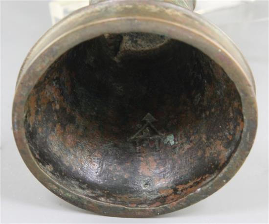 A Chinese archaic bronze ritual wine vessel, Gu, late Shang dynasty, 12th-11th century B.C., probably Anyang, 21.5cm high